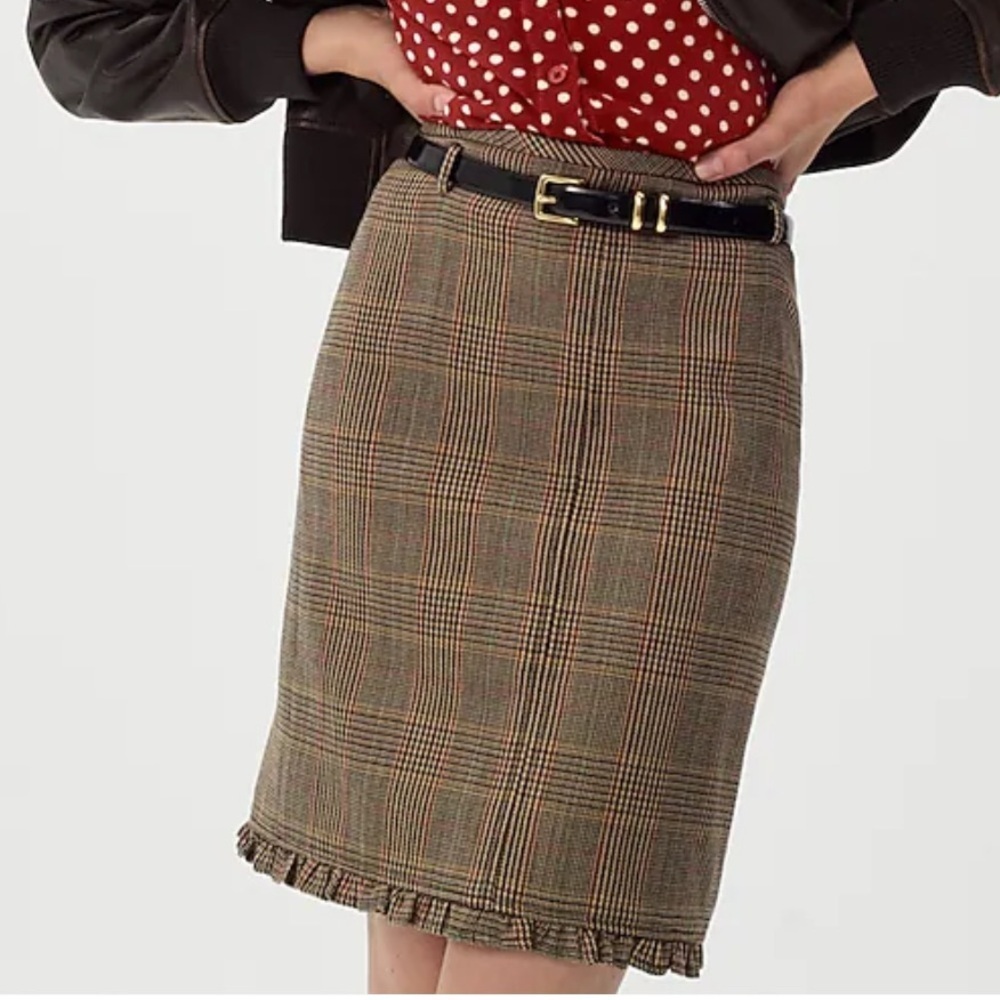 J crew Ruffle-trim pencil midi skirt in glen plaid wool nwot